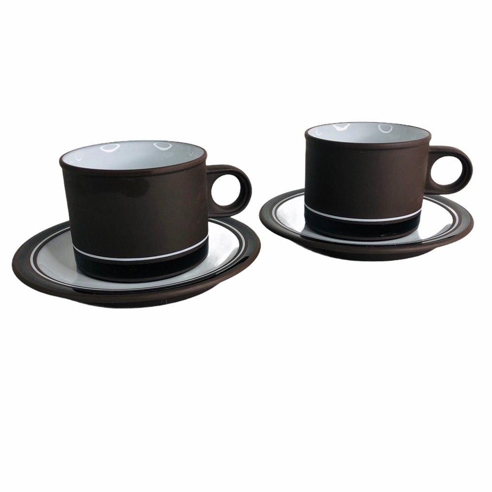 2 Lancaster Vitramic Contrast Hornsea England Flat Cup & Saucer Set Brown White